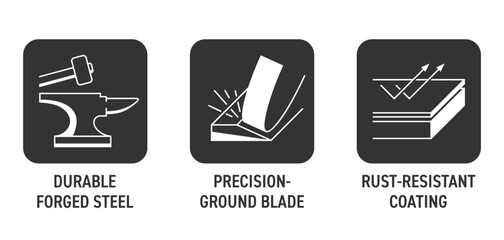 Forged steel, Fully precision, Rust resist - icons in monochrome style and square shape