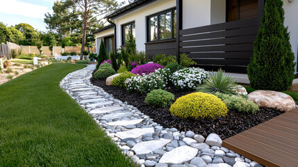Obraz premium Modern garden with stone path, green lawn, colorful flowers, shrubs, and decorative rocks in front of house
