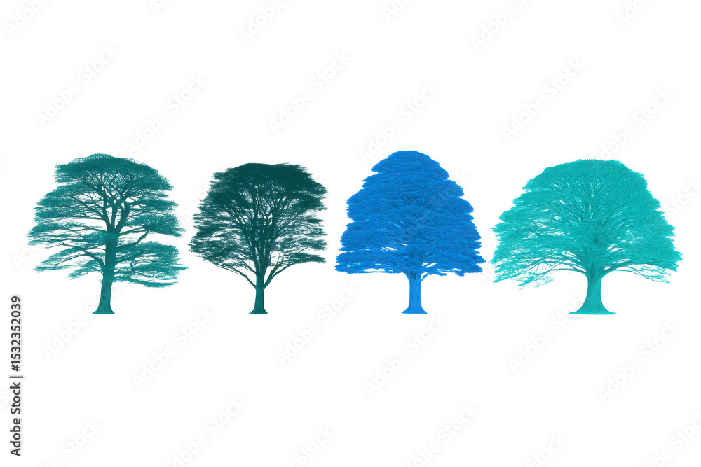 Poster four stylized trees in varying shades of blue and teal are arranged in row, each with unique shapes 