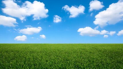 Vibrant Green Grass Field Under a Sunny Blue Sky with Fluffy Clouds