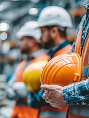Construction workers dressed in safety vests and hard hats stand ready in a warehouse, showcasing their commitment to workplace safety and teamwork in an industrial setting