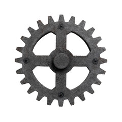 Large, weathered metal gear with rustic appearance, featuring prominent teeth and central hub, evokes sense of industrial history and mechanical engineering