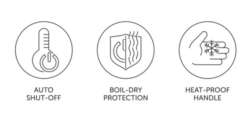 Electric kettle - Boil-dry protection, Heat-proof handle, Auto shut-off. Icons in thin line and circle shape