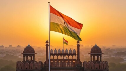 Indian national flag waves proudly above the Red Fort in Delhi at sunrise, silhouetted against a glowing skyline