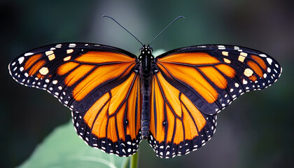 Fototapeta premium Close-up of a vibrant orange and black monarch butterfly with open wings on a green leaf
