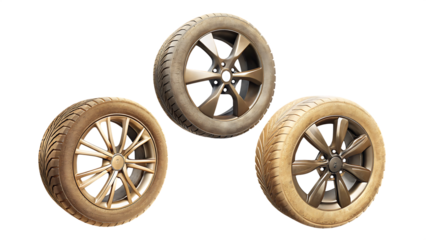 Three bronze alloy wheels isolated on a white background