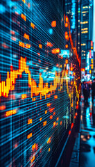 Digital stock market data display with colorful financial chart on city street backdrop