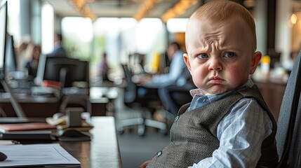 Grumpy baby boss sitting at desk in busy office