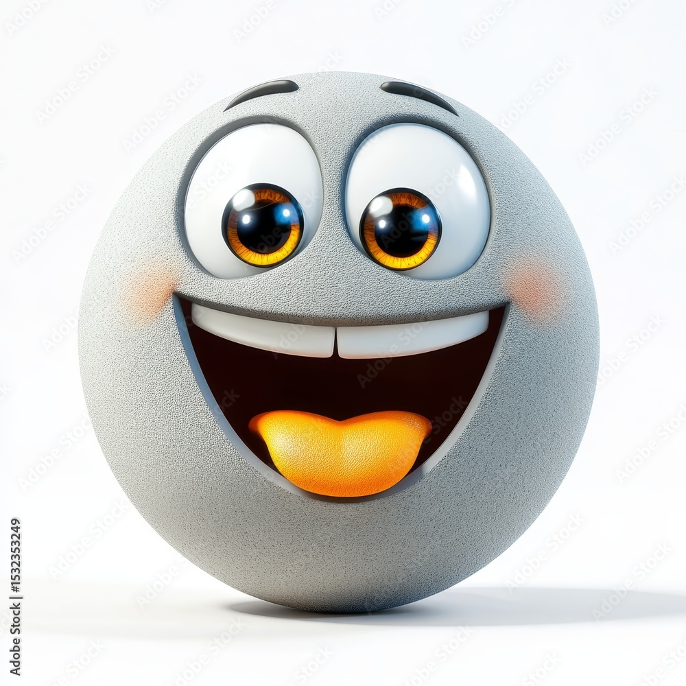 Poster joyful gray emoji character with happy expression in 3d rendering for fun and amusing designs
