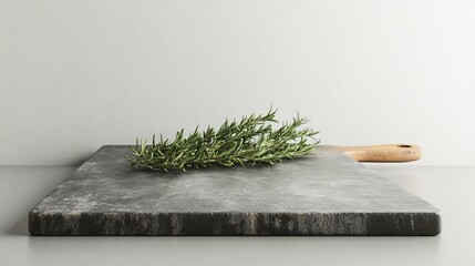 A gray stone table shows a cutting board and rosemary. It's set against a white background. Good for showing food. The empty board is perfect to display items.
