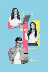 Banner vertical art collage of happy business partners girl guy freelancer receive chart...
