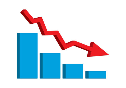 Red 3d arrow going down stock icon on white background. Bankruptcy, financial market crash icon for your web site design, logo, app, UI. blue graph chart downtrend symbol.chart going down sign.