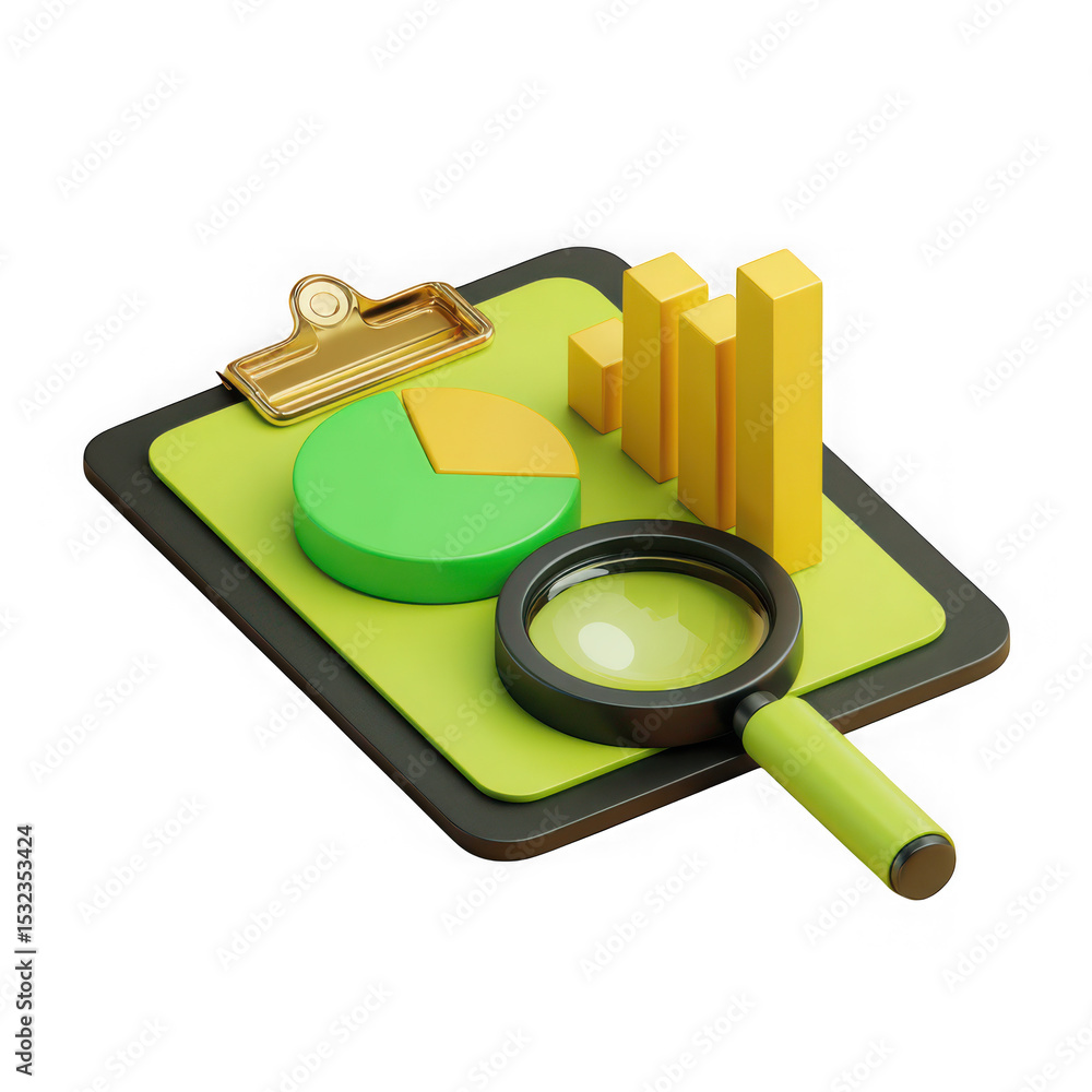 Aufkleber 3d render of clipboard with charts and magnifying glass isolated on transparent background
