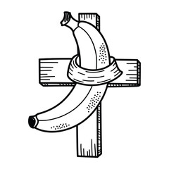 Banana on a wooden cross black and white illustration