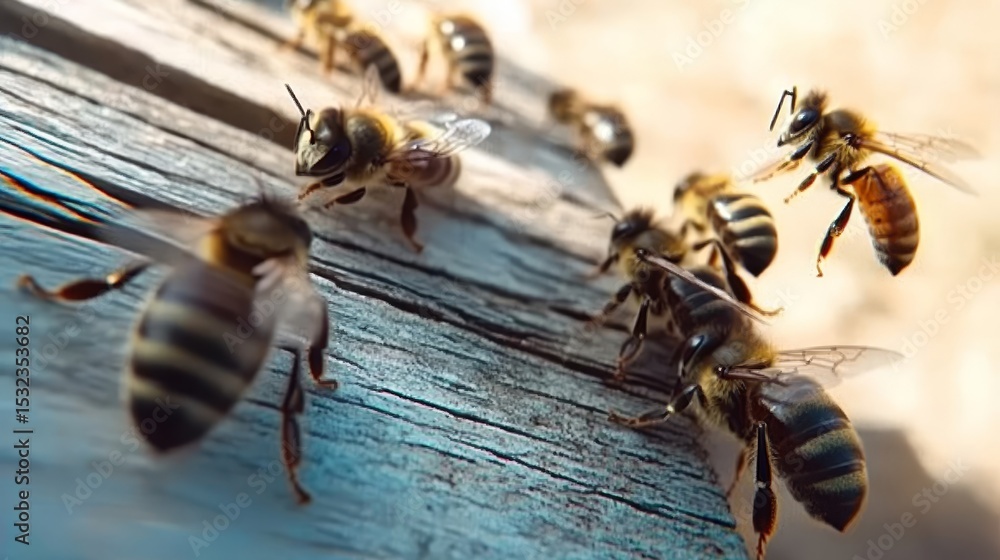 Poster honeybees busy at work a vibrant display of teamwork and pollination on a rustic hive