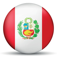 Glass light ball with flag of Peru. Round sphere, template icon. Peruvian islands national symbol. Glossy realistic ball, 3D abstract vector illustration. Big bubble.