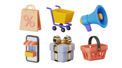 Online shopping sale promotion marketing commerce retail discount offer gift basket megaphone cart bag