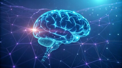 neural grid representing artificial intelligence with interconnected light nodes forming brain-like shape in vibrant electric blue and violet tones on dark background