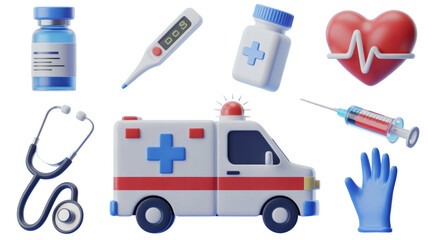 Medical equipment and ambulance 3d render for healthcare and emergency services illustration vector design