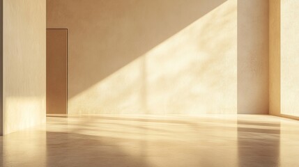 A modern apartment living room is shown with a plain, light brown wall. The room is empty. It's a 3D picture.

