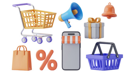 Online shopping sale promotion with cart megaphone gift and percentage discount for e commerce marketing