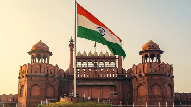 Indian flag stands tall and proud in front of the historic Red Fort in Delhi, glowing in the early morning light
