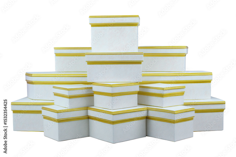 Poster stack of white gift boxes with gold ribbon accents is arranged in pyramid shape, creating elegant an