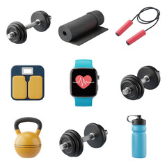 Fitness equipment and accessories for workout routine and healthy lifestyle concept illustration