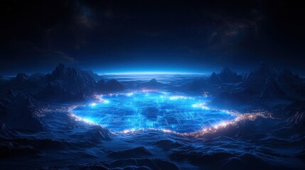 Futuristic Alien Cityscape: Glowing Circuitry in a Frozen Mountain Valley