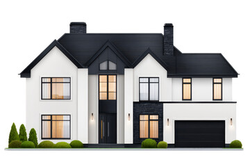 Modern two story house with sleek design features large windows, dark roof, and spacious garage. exterior is complemented by minimalistic landscaping with shrubs and small trees
