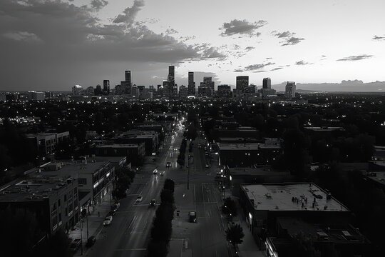 Fototapeta Colorado Black And White. Aerial View of Downtown Denver Cityscape at Night