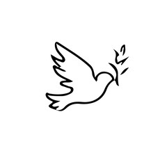 A simple line drawing of a dove carrying an olive branch symbolizing peace and hope on a white background