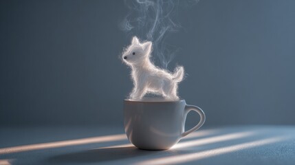 Surreal Smoky Dog Shape Emerging from Coffee Cup in Soft Light Setting