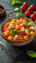 Fresh cherry tomato and mozzarella salad with basil, olive oil, and black pepper