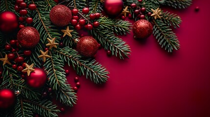 Christmas tree branches with baubles and stars on red background. New nostalgia style. Ideal for seasonal greetings, holiday marketing, 