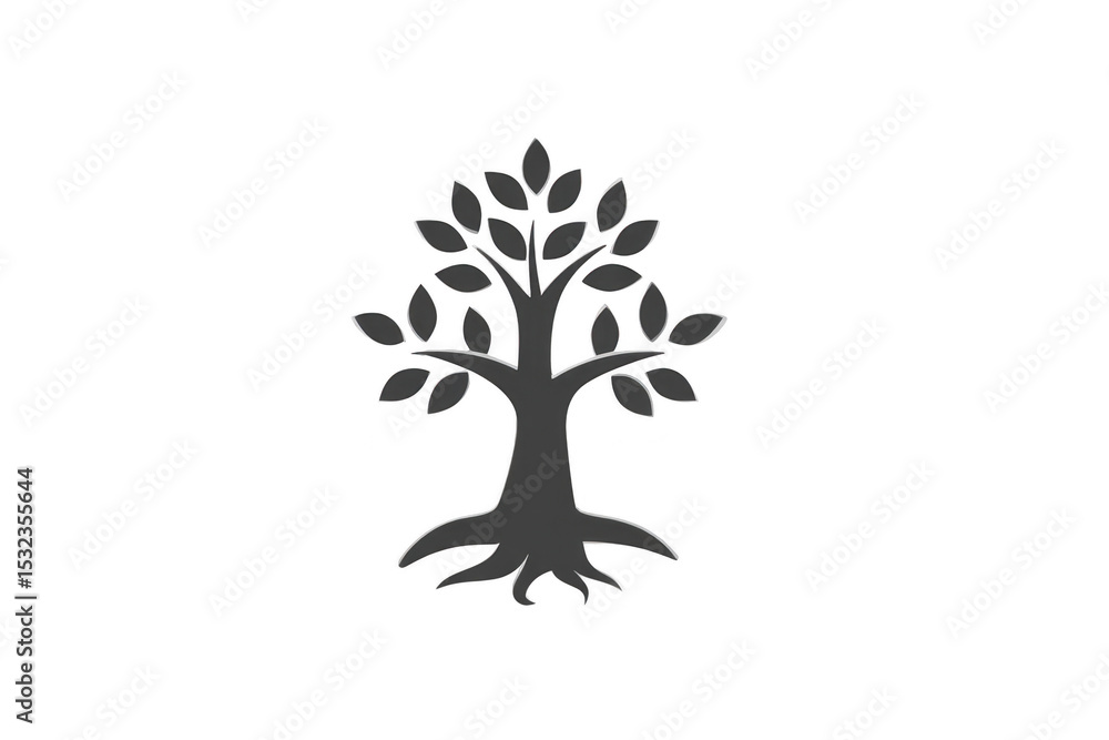 Poster simple black silhouette of tree with roots and branches, featuring multiple leaves, is depicted agai