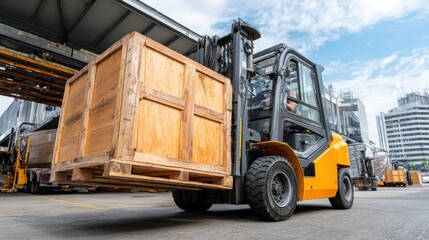 A forklift operator lifts a large wooden crate in a bustling loading dock. The clear blue sky and industrial buildings provide the backdrop for this efficient operation in broad daylight