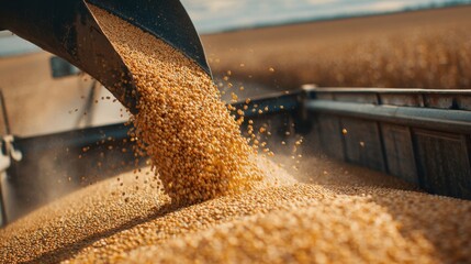 A large machine pours freshly harvested soybeans into a truck. The warm light of golden hour enhances the textured grains and vast field in the background