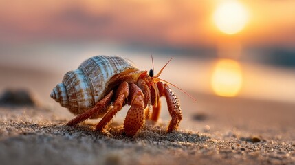 A hermit crab moves across the sand on a beach as the sun sets in the background. The warm hues of orange and pink create a tranquil environment, highlighting the beauty of nature