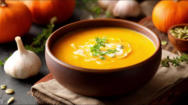 A bowl of pumpkin soup with garlic and thyme.