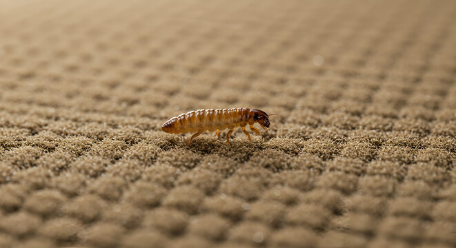 Flea Larva Crawling in Carpet Fibers at Home