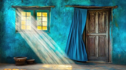 Sunbeams Illuminate Rustic Room: A Serene Blue Haven