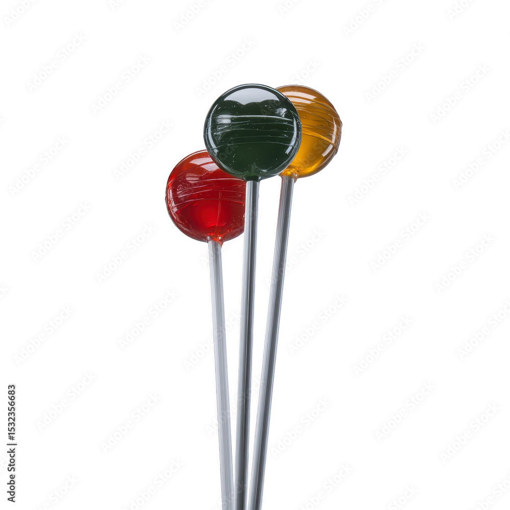 Poster three colorful lollipops with shiny surfaces are displayed against plain background. lollipops are r