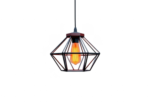 Modern pendant light with geometric metal frame and exposed filament bulb hangs from black cord, creating stylish and industrial look