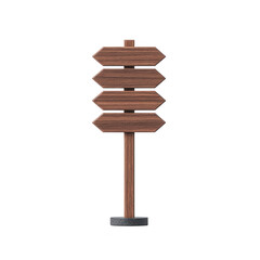 Wooden directional signpost with four blank arrow shaped signs on single pole, standing on round base. signpost is isolated on transparency background