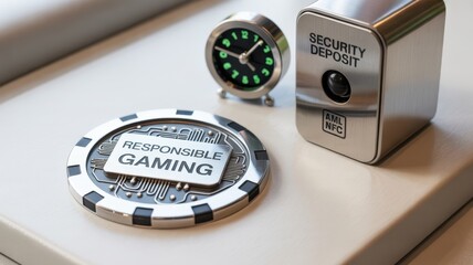 Promoting responsible gaming, a casino chip with integrated circuits, a security deposit box, and a clock highlight the importance of time management and financial security in gambling