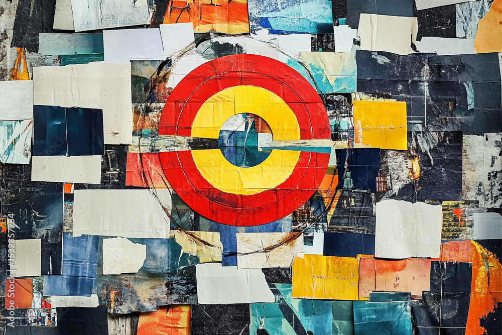 Poster abstract collage artwork featuring a red and yellow circular design layered over various textured pa