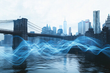 Cityscape with bridge and flowing blue light waves over water