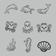 Cute Sea Animal Line Art Set  Dolphin Octopus Seahorse Vector Clipart
