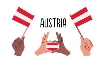 Austrian flags. Vector illustration of diverse hands holding Austrian flags and forming a heart with the Austrian flag. Symbol of unity, patriotism, love for Austria, celebration of national pride.